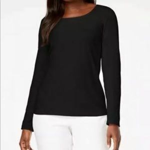 1X 3X Deep Black Cotton Long Sleeve Scoopneck Top Plus Size